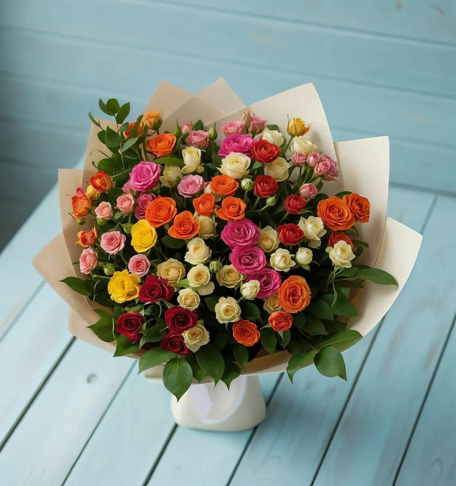 Букет Микс из разноцветных кустовых роз в Железногорске-Илимском