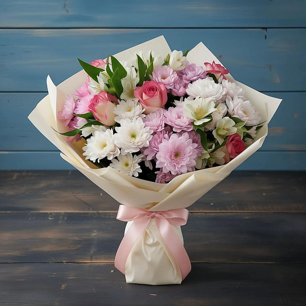 Букет цветов из: Хризантемы, Альстромерии и Розы в Железногорске-Илимском